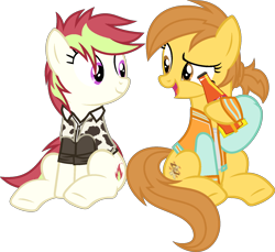 Size: 1517x1387 | Tagged: safe, artist:pegasski, imported from derpibooru, oc, oc only, oc:anna autumn, oc:bonnie, pony, base used, clothes, female, mare, nuka cola, shirt, simple background, transparent background