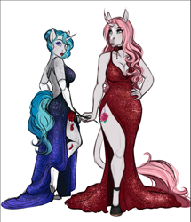 Size: 713x830 | Tagged: safe, artist:askbubblelee, imported from derpibooru, oc, oc only, oc:bubble lee, oc:rosie quartz, anthro, unguligrade anthro, unicorn, alternate universe, anthro oc, big breasts, breasts, cleavage, clothes, digital art, dress, duo, eyeshadow, female, flower, high res, horn, lipstick, makeup, mare, rose, side slit, simple background, unicorn oc, white background, willowverse