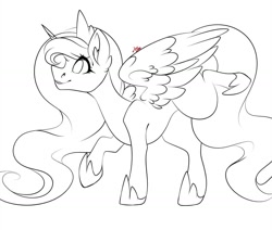 Size: 1080x915 | Tagged: safe, artist:tessa_key_, imported from derpibooru, princess luna, alicorn, pony, ear fluff, eyelashes, female, hoof shoes, horn, jewelry, lineart, mare, missing accessory, monochrome, raised hoof, signature, simple background, solo, tiara, white background, wings