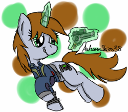 Size: 747x655 | Tagged: safe, artist:pegasski, imported from derpibooru, oc, oc only, oc:littlepip, pony, unicorn, fallout equestria, abstract background, clothes, glowing horn, horn, jumpsuit, magic, solo, telekinesis, vault suit