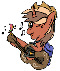 Size: 433x516 | Tagged: safe, artist:pegasski, imported from derpibooru, oc, oc only, pony, unicorn, backpack, bust, guitar, hat, horn, musical instrument, one eye closed, simple background, solo, transparent background, unicorn oc, wink