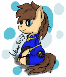 Size: 612x716 | Tagged: safe, artist:pegasski, imported from derpibooru, oc, oc only, earth pony, pony, fallout equestria, abstract background, clothes, earth pony oc, eyelashes, jumpsuit, sitting, smiling, solo, vault suit