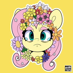 Size: 4000x4000 | Tagged: safe, artist:partylikeanartist, imported from derpibooru, fluttershy, pegasus, pony, absurd resolution, bags under eyes, bust, crossover, crying, eyebrows, female, floral head wreath, flower, front view, full face view, horror, looking at you, mare, midsommar, outline, parody, simple background, solo, teary eyes, white outline, yellow background