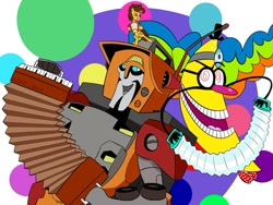 Size: 564x423 | Tagged: artist needed, safe, imported from derpibooru, cheese sandwich, earth pony, pony, robot, accordion, crossover, dr screwball jones, male, musical instrument, stallion, transformers, voice actor joke, voice actor reference, wander over yonder, weird al yankovic, wreck-gar