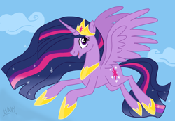 Size: 1280x892 | Tagged: safe, artist:zipadeelady, imported from derpibooru, twilight sparkle, alicorn, pony, the last problem, female, flying, looking at you, mare, older, older twilight, princess twilight 2.0, solo, twilight sparkle (alicorn)
