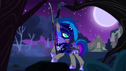 Size: 7680x4320 | Tagged: safe, artist:bnau, derpibooru exclusive, imported from derpibooru, oc, oc only, oc:lyssa, bat pony, pony, absurd resolution, armor, bardiche, bat pony oc, bat wings, ear fluff, female, forest, glaive, guardsmare, helmet, hoof shoes, horseshoes, looking back, mare, moon, night, night guard, night guard armor, polearm, pose, raised hoof, rock, royal guard, ruins, show accurate, solo, tree, weapon, wings