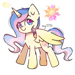 Size: 2000x2000 | Tagged: safe, artist:emy12126, imported from derpibooru, fluttershy, princess celestia, rarity, alicorn, pony, cute, cutie mark, female, flutterlestia, fusion, high res, horn, lesbian, shipping, simple background, solo, wings