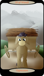 Size: 1500x2591 | Tagged: safe, artist:sixes&sevens, imported from derpibooru, part of a set, cranky doodle donkey, donkey, cart, frown, male, minor arcana, mountain, mountain range, outdoors, solo, stick, tarot card, ten of wands