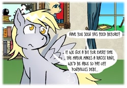 Size: 500x347 | Tagged: safe, artist:owlor, imported from derpibooru, derpy hooves, pegasus, pony, book, bookshelf, female, from the desk of mayor mare, hope poster, implied racism, mare, shepard fairey, sitting, solo, window