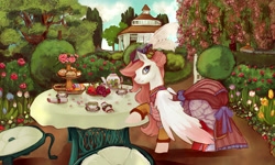 Size: 3163x1896 | Tagged: safe, artist:saint-juniper, imported from derpibooru, oc, oc only, oc:sakura, pegasus, pony, bush, clothes, cup, dress, flower, food, gazebo, grapes, napkin, pegasus oc, pie, rose, rose bush, sandwich, solo, stool, table, teacup, teapot, tree, tulip, wings