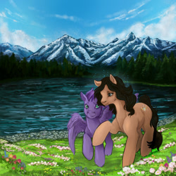 Size: 1200x1200 | Tagged: safe, artist:saint-juniper, imported from derpibooru, oc, oc only, earth pony, pegasus, pony, cloud, duo, earth pony oc, flower, forest, lake, meadow, mountain, pegasus oc, scenery, wings