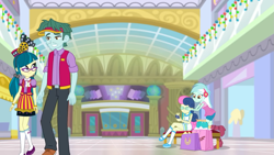 Size: 1417x797 | Tagged: safe, imported from derpibooru, screencap, bon bon, brim marco, juniper montage, lyra heartstrings, sweetie drops, equestria girls, equestria girls series, holidays unwrapped, spoiler:eqg series (season 2), amused, bon bon is amused, canterlot mall, dashing through the mall, female, male, shipping fuel