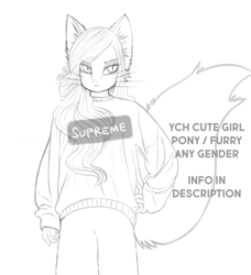 Size: 2183x2389 | Tagged: safe, artist:kamikazelenna, imported from derpibooru, anthro, advertisement, clothes, commission, costume, cute, female, high res, mare, monochrome, solo, solo female, supreme, your character here