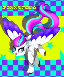 Size: 980x1178 | Tagged: safe, artist:stacy_165cut, imported from derpibooru, zipp storm, pegasus, pony, abstract background, adorazipp, colored wings, cute, ear fluff, eyelashes, female, g5, mare, multicolored wings, open mouth, raised hoof, shadow, solo, spread wings, stars, text, unshorn fetlocks, wings