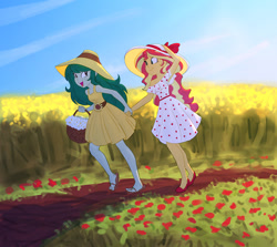 Size: 1175x1050 | Tagged: safe, artist:carnifex, imported from derpibooru, sunset shimmer, wallflower blush, human, equestria girls, bare shoulders, basket, bow, clothes, cottagecore, cute, dress, duo, feet, female, field, flats, flip-flops, flower, flowerbetes, freckles, hat, holding hands, legs, lesbian, looking at each other, off shoulder, polka dots, sandals, scenery, scenery porn, shimmerbetes, shipping, shoes, sleeveless, smiling, smiling at each other, strapless, sun hat, sundress, sunflower, wallset, when she smiles