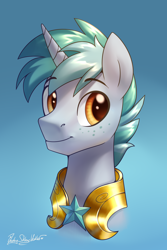 Size: 2000x3000 | Tagged: safe, artist:jedayskayvoker, imported from derpibooru, oc, oc only, oc:onyx warden, pony, unicorn, armor, bust, eyebrows, eyebrows visible through hair, freckles, gradient background, guard, high res, icon, male, portrait, royal guard, royal guard armor, solo, stallion, unicorn royal guard