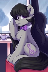 Size: 1400x2100 | Tagged: safe, artist:shadowreindeer, imported from derpibooru, octavia melody, earth pony, pony, bowtie, chest fluff, coffee, female, looking at you, mare, rain, sitting, solo, underhoof, window