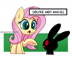 Size: 1750x1500 | Tagged: safe, artist:handgunboi, imported from derpibooru, fluttershy, pegasus, pony, rabbit, animal, captain obvious, evil, implied angel bunny, pointing, simple background