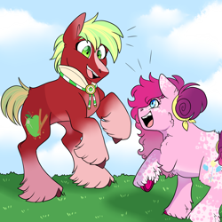 Size: 3000x3000 | Tagged: safe, artist:gingygin, imported from derpibooru, apple cinnamon, pinkie pie, earth pony, pony, alternate design, collar, colored hooves, delighted, duo, female, gradient legs, happy, headcanon, high res, male, mare, outdoors, rearing, sidemouth, smiling, stallion