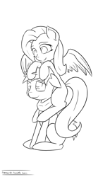 Size: 1200x1920 | Tagged: safe, artist:tenart, imported from derpibooru, big macintosh, fluttershy, earth pony, pegasus, pony, black and white, female, floppy ears, fluttermac, grayscale, lineart, male, mare, missing cutie mark, monochrome, pony hat, shipping, simple background, stallion, straight, white background