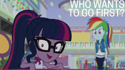 Size: 1280x720 | Tagged: safe, edit, edited screencap, editor:quoterific, imported from derpibooru, screencap, rainbow dash, sci-twi, twilight sparkle, equestria girls, equestria girls series, holidays unwrapped, spoiler:eqg series (season 2), bowtie, clothes, cutie mark, cutie mark on clothes, dashing through the mall, duo, duo female, female, geode of super speed, geode of telekinesis, glasses, hoodie, jewelry, magical geodes, necklace, open mouth, ponytail, smiling, wide eyes