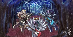 Size: 2500x1280 | Tagged: safe, artist:draconightmarenight, artist:proyects_s, imported from derpibooru, oc, oc:blackened blue, oc:prince slayer, oc:prince whateverer, cover, dark forest, guitar, metal, musical instrument, rain, rock, rock (music), thunderstorm