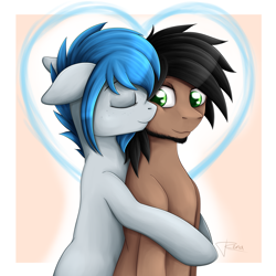 Size: 2000x2000 | Tagged: safe, artist:puggie, artist:renaphin, imported from derpibooru, oc, oc:proxy, oc:rena heartstep, earth pony, pony, cuddling, earth pony oc, female, high res, hug, hug from behind, male, mare, oc x oc, shipping, stallion, straight