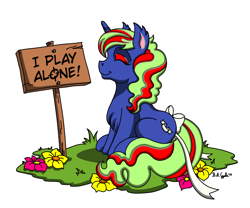 Size: 1200x1000 | Tagged: safe, artist:x-fang-z, imported from derpibooru, oc, oc only, oc:reconcile ribbon, pony, unicorn, eyes closed, flower, horn, ribbon, sign, simple background, text, unicorn oc, white background