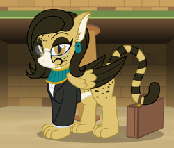 Size: 2340x1995 | Tagged: safe, artist:badumsquish, derpibooru exclusive, imported from derpibooru, oc, oc only, oc:sourpuss, cheetah, sphinx, blaze (coat marking), bricks, briefcase, clothes, coat markings, dreamworks face, ear fluff, ear piercing, earring, egyptian, eyeshadow, facial markings, folded wings, freckles, frown, glasses, jewelry, lawyer, looking at you, makeup, necklace, piercing, prehensile tail, pyramid, raised eyebrow, shirt, show accurate, solo, spots, stern, striped tail, suit, tail hold, wings