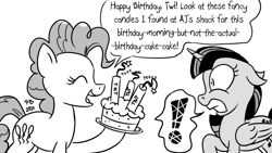 Size: 1200x675 | Tagged: safe, artist:pony-berserker, imported from derpibooru, pinkie pie, twilight sparkle, alicorn, earth pony, pony, birthday, birthday cake, cake, dialogue, dynamite, explosives, eyes closed, female, food, halftone, happy, mare, monochrome, naive, pony-berserker's twitter sketches, simple background, speech bubble, stippling, terrified, this will end in death, this will end in explosions, this will end in pain, this will end in tears, this will end in tears and/or death, this will end with a bang, this will not end well, tnt, twilight sparkle (alicorn), white background
