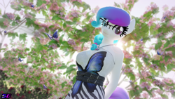 Size: 3840x2160 | Tagged: safe, artist:shadowboltsfm, imported from derpibooru, oc, oc:aurora starling, anthro, butterfly, plantigrade anthro, 3d, 4k, beautiful, blender, breasts, cute, glasses, heterochromia, high res, jewelry, lens flare, looking at you, necklace, not sfm, ocbetes, smiling, wallpaper