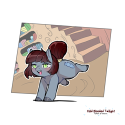 Size: 1200x1200 | Tagged: safe, artist:cold-blooded-twilight, imported from derpibooru, oc, oc only, oc:bitter pill, earth pony, pony, colt, kicking, library, looking at you, male, open mouth, raised leg, smiling, solo, solo male, tail wrap, trap, unshorn fetlocks