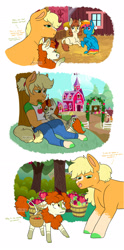 Size: 1280x2584 | Tagged: safe, artist:moccabliss, imported from derpibooru, applejack, autumn blaze, oc, oc:pumpkin patch, oc:sunny side up, unnamed oc, anthro, earth pony, hybrid, kirin, pegasus, pony, unguligrade anthro, autumnjack, barn, caught, colt, female, filly, hatless, interspecies offspring, larger female, lesbian, lying down, magical lesbian spawn, male, mare, missing accessory, oc x oc, offspring, offspring shipping, parent:applejack, parent:autumn blaze, parent:rainbow dash, parent:soarin', parents:autumnjack, parents:soarindash, prone, shipping, size difference, smaller female, straight, sweet apple acres