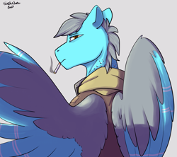 Size: 2253x2000 | Tagged: safe, artist:flashnoteart, imported from derpibooru, oc, oc only, oc:altocumulus, pegasus, pony, bags under eyes, bust, clothes, colored, folded wings, goggles, high res, looking at you, male, portrait, smoking, solo, spread wings, wings