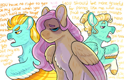 Size: 1280x826 | Tagged: safe, artist:mylittlegami, imported from derpibooru, fluttershy, lightning dust, zephyr breeze, pegasus, pony, argument, colored wings, eyebrows, fluttershy is not amused, siblings, text, unamused, wings