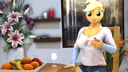 Size: 1920x1080 | Tagged: safe, artist:xxsfmartxx, imported from derpibooru, applejack, anthro, 3d, apple, breasts, busty applejack, clothes, food, fruit, glass, herbivore, looking at you, sitting, solo, source filmmaker, wine glass