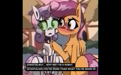 Size: 1600x1000 | Tagged: safe, artist:provolonepone, imported from derpibooru, scootaloo, sweetie belle, pegasus, pony, robot, robot pony, unicorn, blushing, chromatic aberration, dialogue, female, lesbian, scootabelle, shipping, sweetie bot