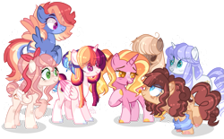 Size: 1137x703 | Tagged: safe, artist:skylerdream07, imported from derpibooru, luster dawn, oc, oc:apple biscuit, oc:astral star, oc:chocolate pie, oc:rainbow wind, oc:royal crown, oc:sweet cake, alicorn, earth pony, pegasus, pony, unicorn, the last problem, alicorn oc, base used, coat markings, colored pupils, colored wings, colored wingtips, earth pony oc, eye clipping through hair, female, hair over one eye, hair ribbon, half-siblings, heart eyes, horn, magical lesbian spawn, mare, multicolored wings, next generation, offspring, parent:applejack, parent:big macintosh, parent:caramel, parent:cheese sandwich, parent:fancypants, parent:fluttershy, parent:pinkie pie, parent:rainbow dash, parent:rarity, parent:soarin', parent:twilight sparkle, parents:carajack, parents:cheesepie, parents:fluttermac, parents:raripants, parents:soarindash, parents:twidash, pegasus oc, simple background, socks (coat markings), sweatband, transparent background, unicorn oc, wingding eyes, wings