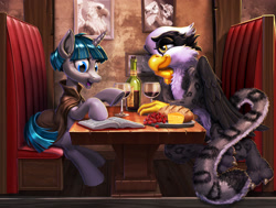 Size: 2800x2119 | Tagged: safe, artist:harwick, imported from derpibooru, imported from ponybooru, gilda, glenda, rainbow dash, stygian, griffon, pony, unicorn, alcohol, book, bread, cheese, cherry, commission, date, duo focus, fanfic, fanfic art, fanfic cover, female, food, glass, high res, interspecies, lidded eyes, male, open mouth, open smile, paws, place, shipping, sitting, smiling, stallion, straight, table, wine, wine glass