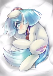 Size: 1430x2048 | Tagged: safe, artist:kurogewapony, imported from derpibooru, coco pommel, earth pony, pony, bedroom eyes, blushing, curled up, looking at you, lying down, smiling, solo, underhoof