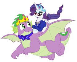 Size: 1600x1288 | Tagged: safe, artist:aleximusprime, imported from derpibooru, rarity, spike, dragon, pony, unicorn, flurry heart's story, bowtie, clothes, commission, crown, duo, fat, fat spike, female, flying, jewelry, looking at each other, male, older, older rarity, older spike, ponies riding dragons, regalia, riding, shipping, simple background, smiling, smiling at each other, sparity, straight, tiara, transparent background, vector, winged spike, wings