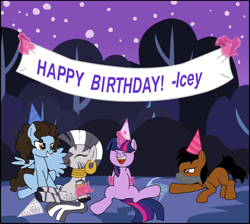 Size: 822x737 | Tagged: safe, artist:darktailsko, imported from derpibooru, twilight sparkle, zecora, oc, oc:badgering badger, oc:nazreen, alicorn, earth pony, pegasus, pony, zebra, arm behind back, banner, birthday, birthday gift, blank flank, bondage, bracelet, bush, canon x oc, commission, ear piercing, earring, eyes closed, face mask, feather, female, glowing horn, grin, hat, hoof tickling, horn, jewelry, laughing, levitation, magic, magical bondage, male, mare, mask, neck rings, night, open mouth, party hat, piercing, self bondage, smiling, stallion, straight, telekinesis, tickle torture, tickling, tree, twilight sparkle (alicorn)