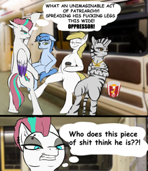 Size: 1789x2057 | Tagged: safe, artist:topaut, imported from derpibooru, zipp storm, oc, earth pony, pegasus, pony, unicorn, zebra, female, g5, humor, inaccurate, male, manspreading, mare, op failed at starting shit, op failed friendship, op is a duck, op is trying to start shit, sitting, sjw zipp, social justice warrior, stallion, thought bubble, vulgar, why