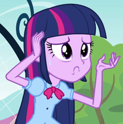 Size: 543x546 | Tagged: safe, imported from derpibooru, screencap, twilight sparkle, equestria girls, equestria girls (movie), cropped, hand on head, solo, sweat, sweatdrop