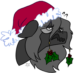 Size: 1234x1208 | Tagged: source needed, safe, artist:flutterbree, imported from derpibooru, oc, oc only, oc:boogeymare, pony, bust, christmas, confused, floppy ears, hat, holiday, holly, nose wrinkle, question mark, santa hat, simple background, solo, strangefu, wavy mouth, white background