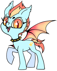 Size: 1067x1334 | Tagged: source needed, safe, artist:flutterbree, imported from derpibooru, oc, oc only, oc:eyeburner mcgee, bat pony, pony, bat pony oc, bat wings, beanbrows, collar, eyebrows, fangs, one hoof raised, raised hoof, simple background, solo, spiked collar, starry eyes, white background, wingding eyes, wings