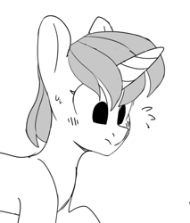 Size: 643x753 | Tagged: safe, artist:tallaferroxiv, oc, oc only, oc:radiant hex, pony, unicorn, blushing, female, grayscale, horn, mare, monochrome, raised hoof, solo, surprised, unicorn oc