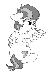 Size: 585x865 | Tagged: safe, artist:tallaferroxiv, oc, oc only, oc:starry skies hailstorm, pegasus, pony, female, floppy ears, freckles, grayscale, grooming, mare, monochrome, one eye closed, pegasus oc, preening, sitting, solo, wings