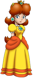 Size: 978x2259 | Tagged: safe, artist:famousmari5, imported from derpibooru, human, equestria girls, barely eqg related, clothes, crossover, crown, dress, ear piercing, earring, gown, hands behind back, high res, jewelry, lips, lipstick, long hair, looking at you, nintendo, not pony related, piercing, ponied up, pony ears, ponytail, princess daisy, princess dress, regalia, simple background, super mario bros., transparent background, yellow dress