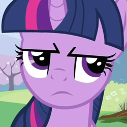 Size: 350x350 | Tagged: safe, imported from derpibooru, screencap, twilight sparkle, pony, unicorn, a canterlot wedding, bush, cropped, female, field, flower, looking up, mare, profile picture, serious, serious face, tree, twilight is not amused, unamused, unicorn twilight